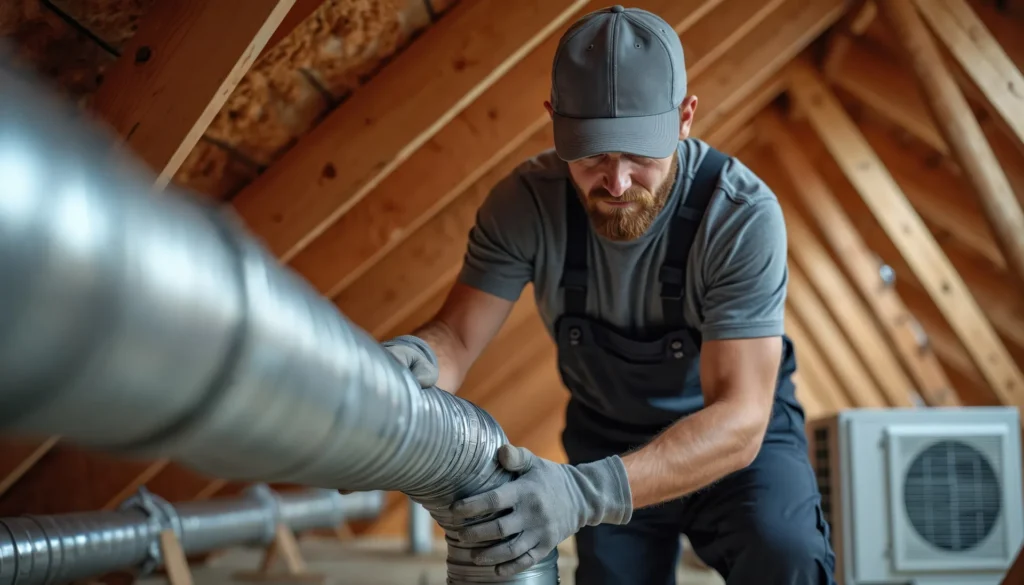 technician working on ductwork in attic
